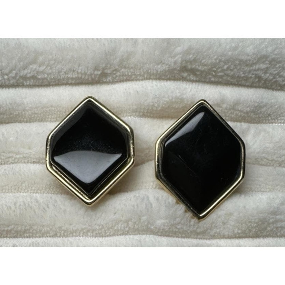 Signed Trifari Earrings Vintage Large -Clip- Black Lucite w. Gold Tone Pre-Owned